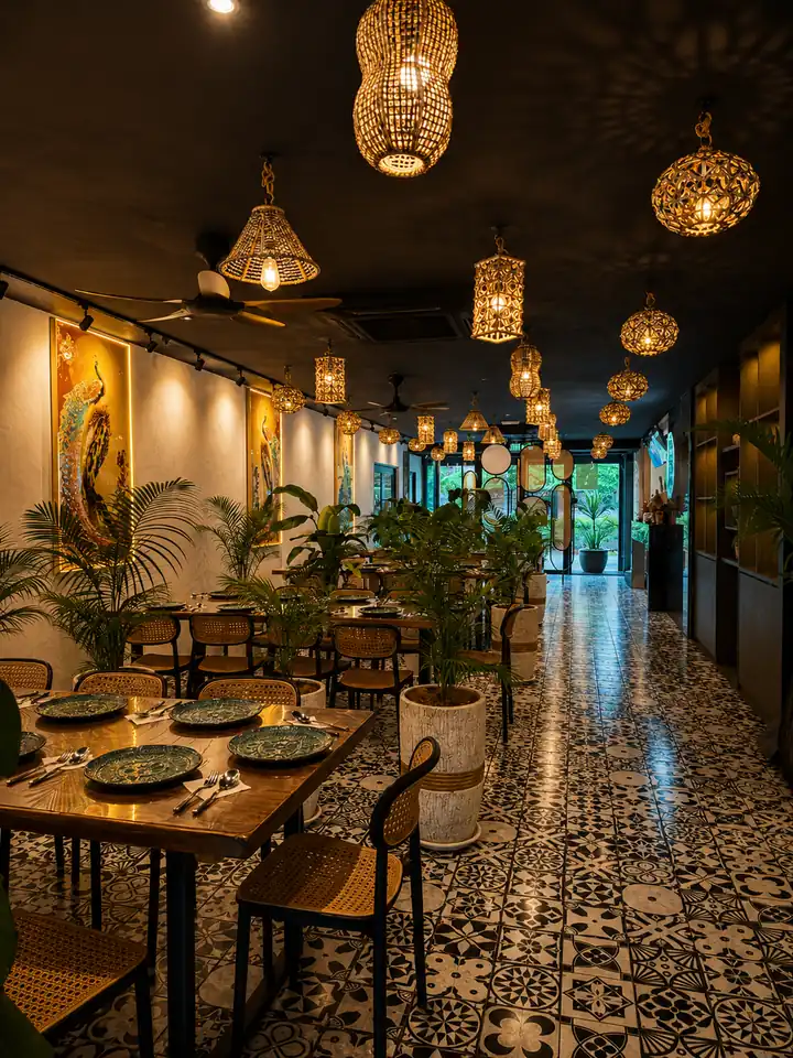 Restaurant interior at Quayside Hotel Melaka with tables, booths, and warm ambient lighting